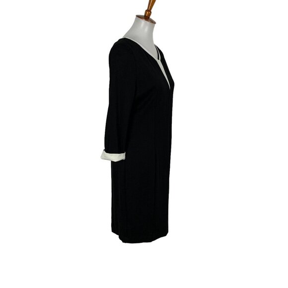 Gyalwana Black V Neck Sheath Dress Contrast Cuffs Midi Length 15 Office Elegant - Picture 3 of 6